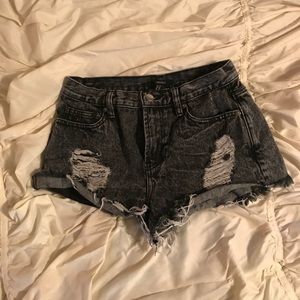 Black distressed denim shorts